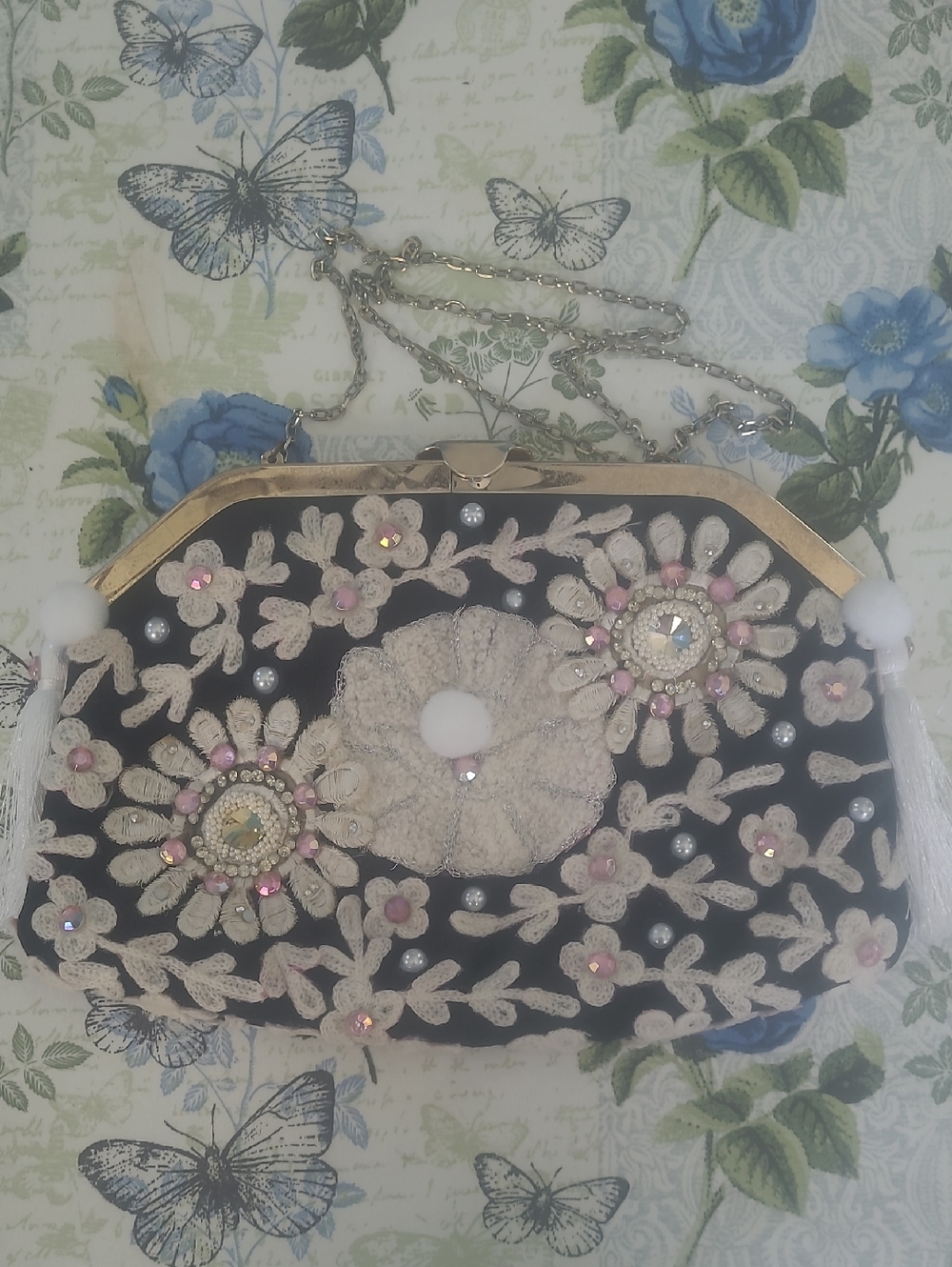 Vintage Black Embellished Floral Lace Evening Clutch